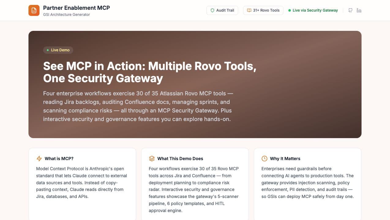 Partner Enablement MCP homepage showing the MCP security gateway demo