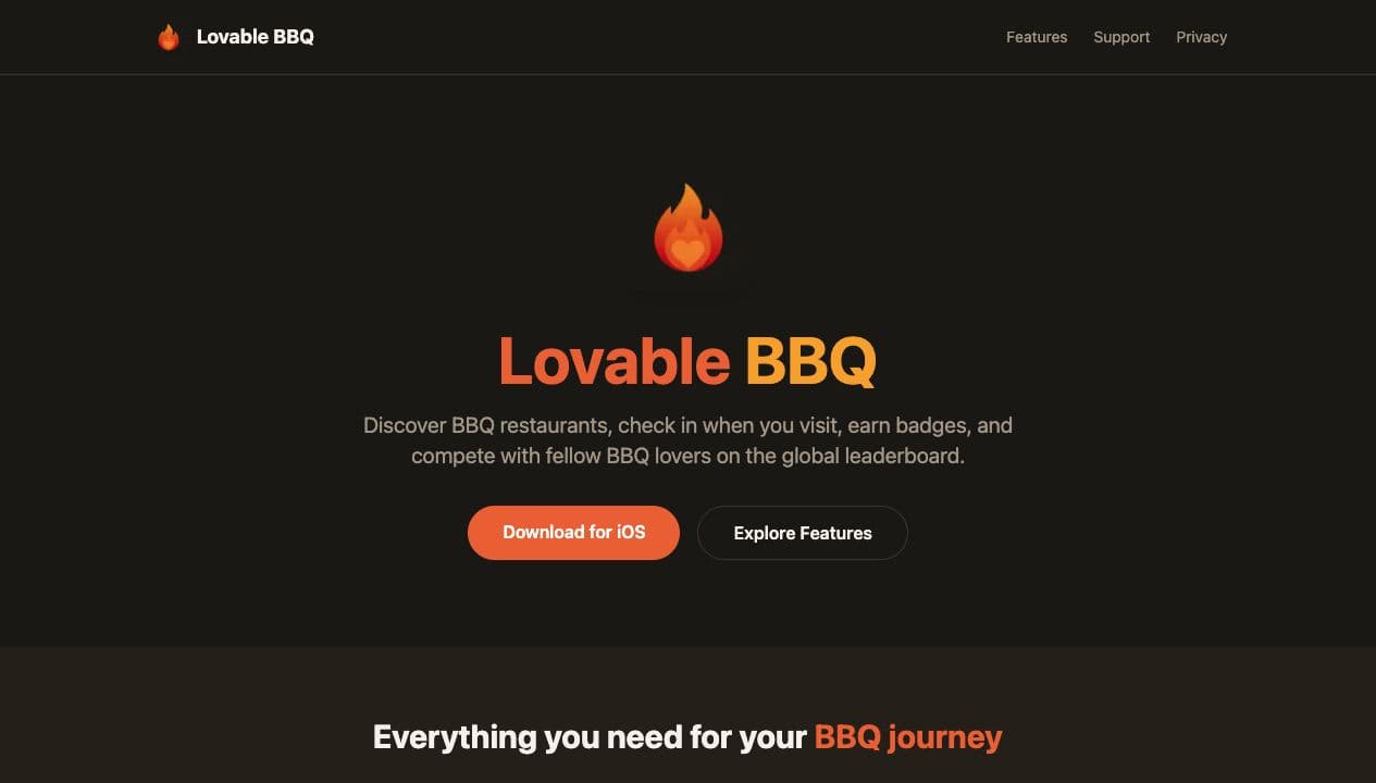 Lovable BBQ homepage showing the barbecue discovery and check-in product