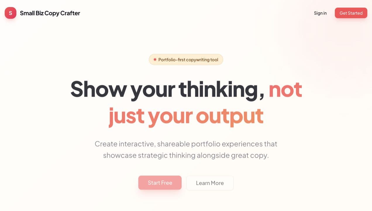 Small Biz Copy Crafter homepage showing the portfolio-first copywriting message