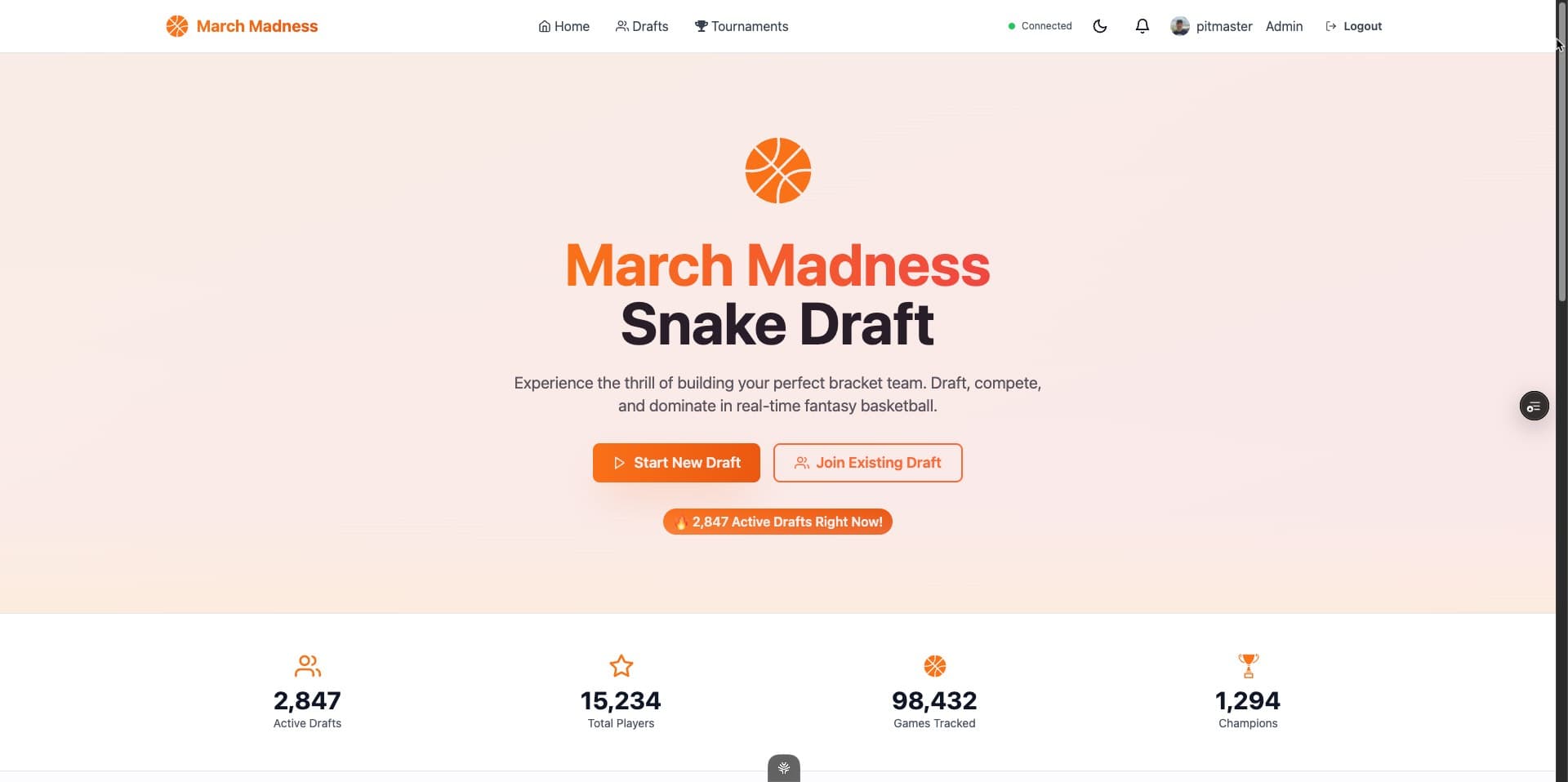 Upper Decker March Madness snake draft homepage showing active draft actions and platform stats